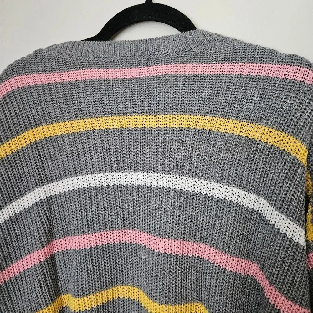 Abound Sweater Crewneck Gray Striped Pink Yellow White Knit Casual - Image 6