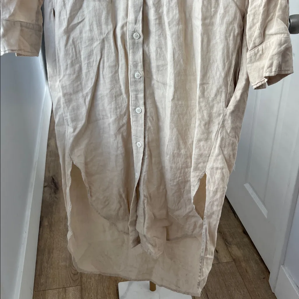 Emerson Fry Midi 100% Linen Shirtdress Button Down in Beige Almond XS $248 Tan - Image 7