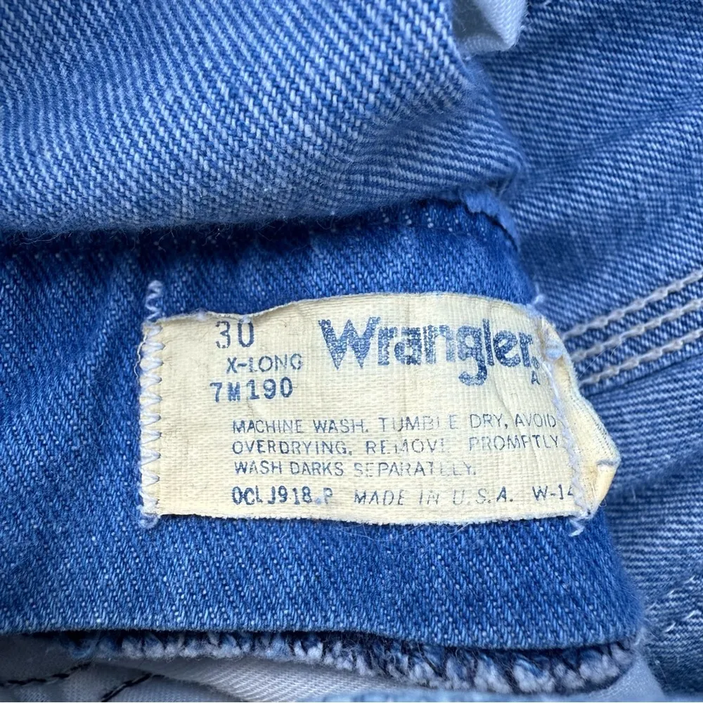 VTG 80s Wrangler Wrapid Transit Blue Jeans Sunset Southwestern Embroidery Pocket - Image 9