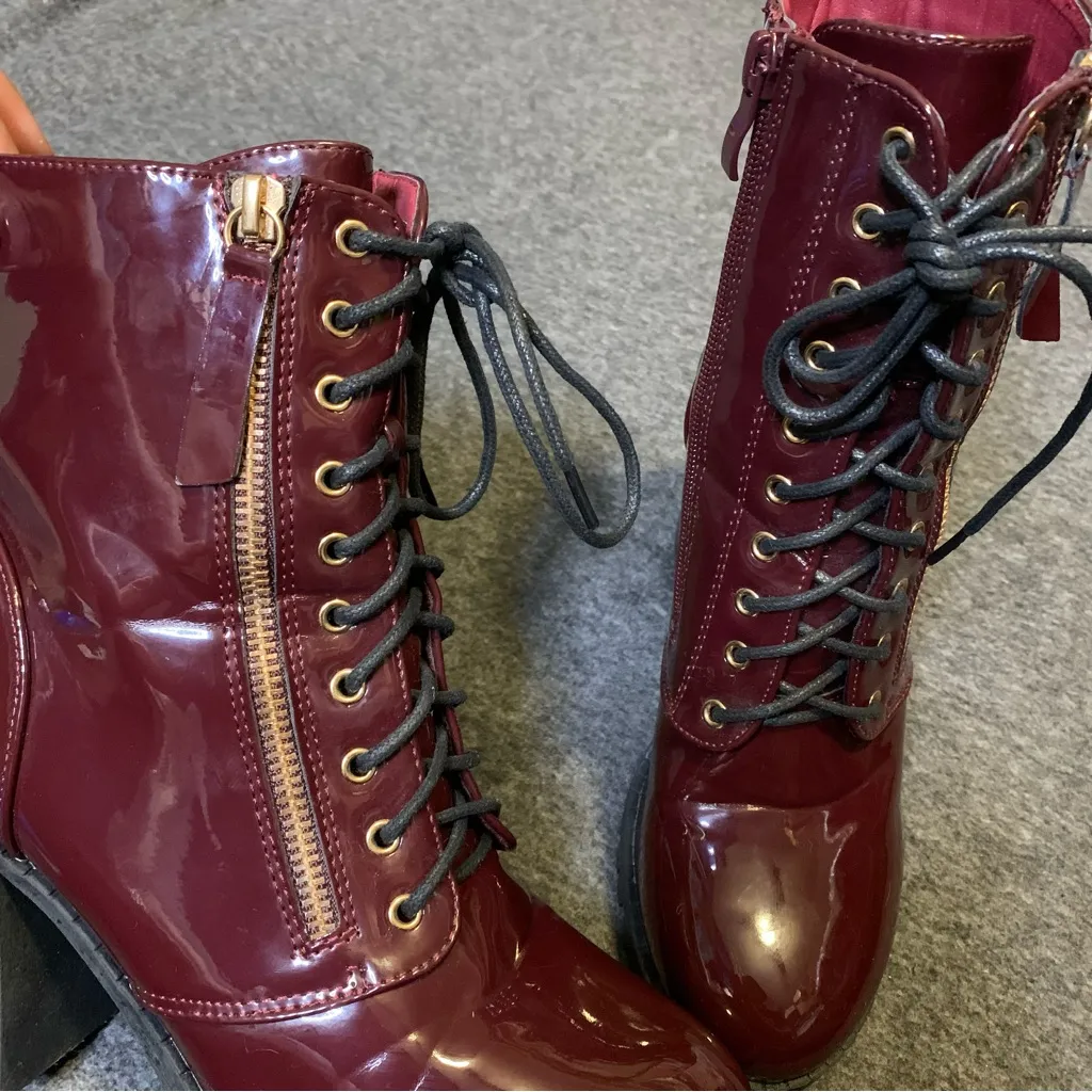 Top Moda Burgundy Lace Up Chunky Block Heel Booties - Image 5