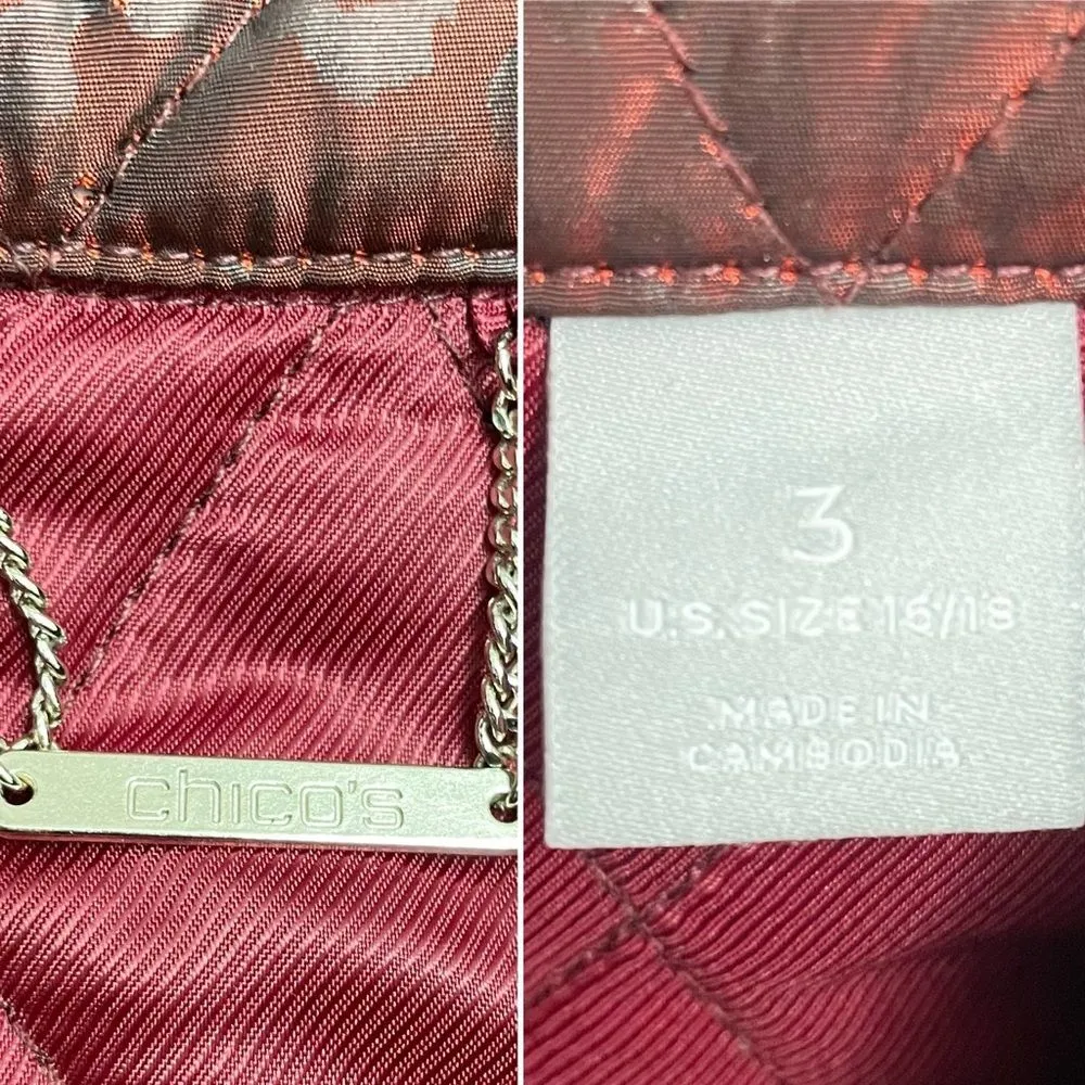 Chico’s Long Quilted Animal-Print Midi Coat Shimmer Burgundy Size 3 | XL 16-18 - Image 14