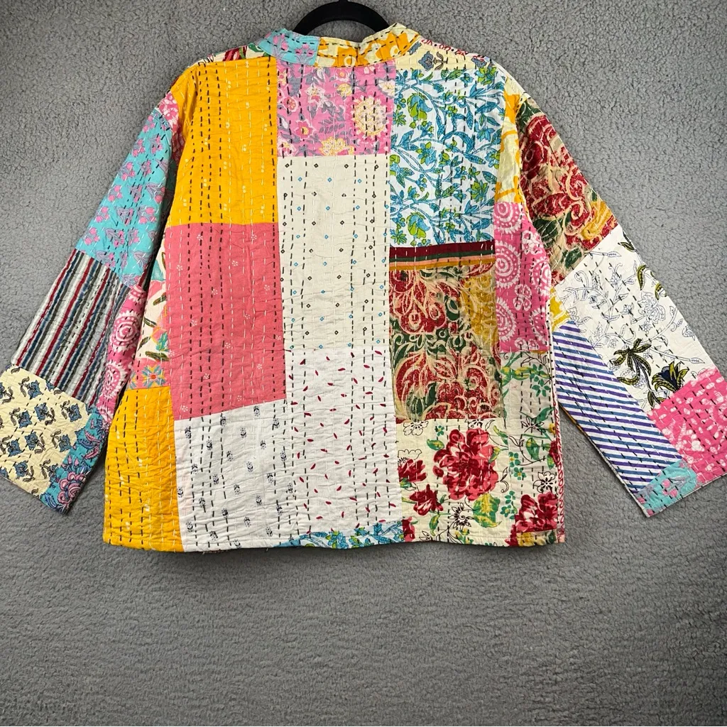 Raj Jacket Womens Medium Patchwork Quilted Kantha Kimono Open Front Duster NWT Pink - Image 2