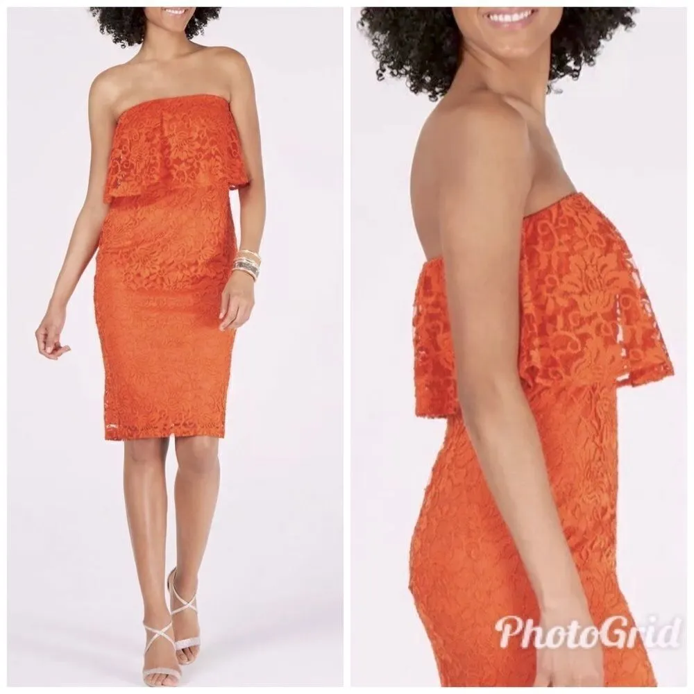 THALIA SODI‎ Strapless Lace Cocktail Dress Midi Fitted Popover Orange Medium New - Image 2