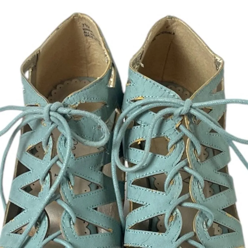 Jun & Ivy Kirra Wedge 4” Heel Sandal Lace Up Open Toe Light Blue Suede Size 7.5M - Image 4