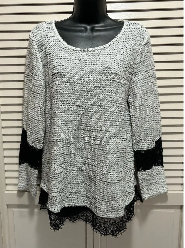 Alfani White/Black Open Knit Lace Glitter Sweater Long Sleeve Size Medium - Image 1