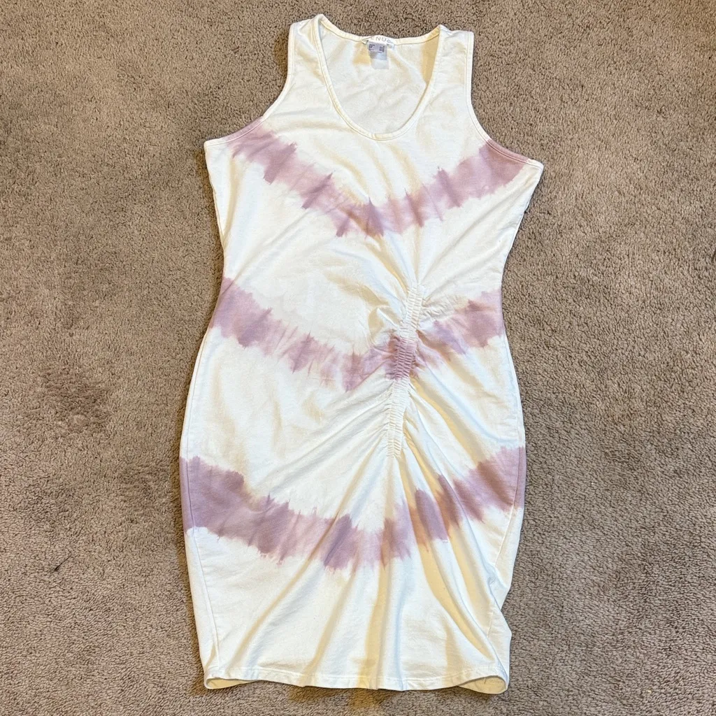 VENUS  Tie Dye Asymmetrical Ruching Tank Lounge Dress in Purple & White Size Med - Image 3