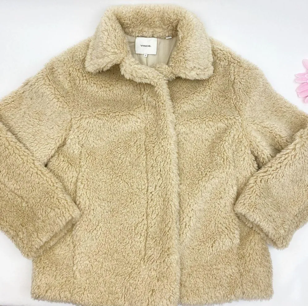 Vince Textured Faux Fur Jacket Shacket Teddy: Light Fauna Tan Beige - Image 8