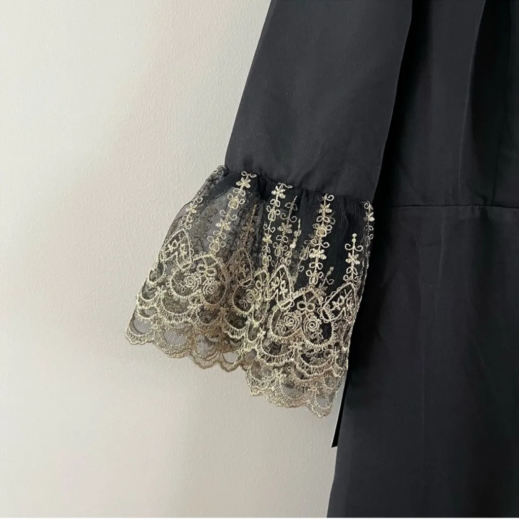 Tuckernuck Pomander place Lillith dress Ladies size medium Black gold lace trim - Image 5