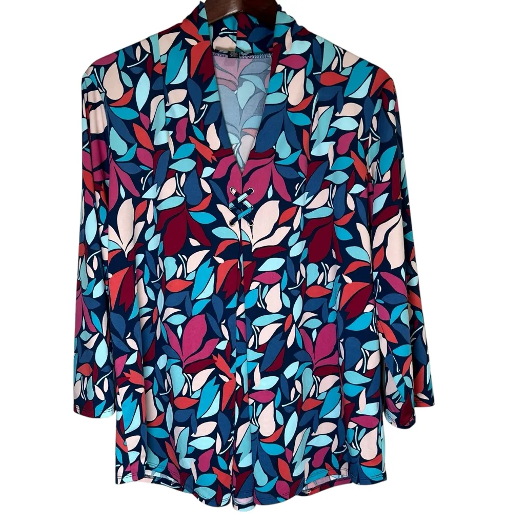 Cable & Gauge Colorful Leaf Print Blouse Drapey V-Neck Top Stretch Sz XL Scarf - Image 10