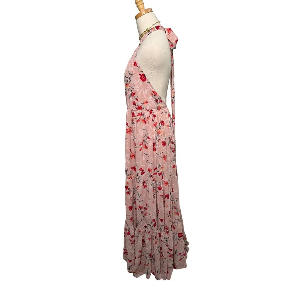 Aakaa halter tie neck backless floral tiered maxi dress size small S - Image 2