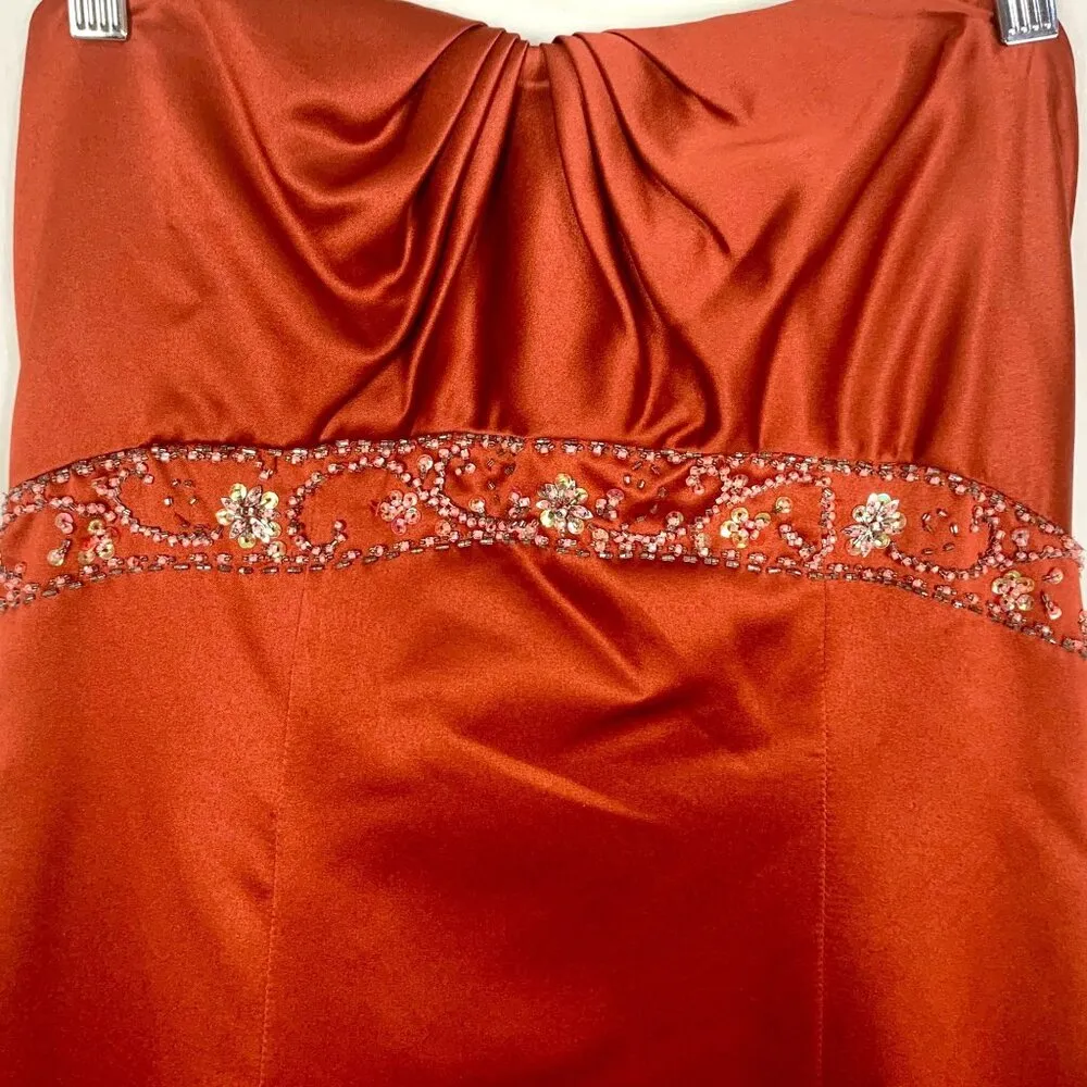 Bronze Satin Strapless Gown Beaded Empire Waist Pleated Bust Bridgerton 14 New Orange - Image 3