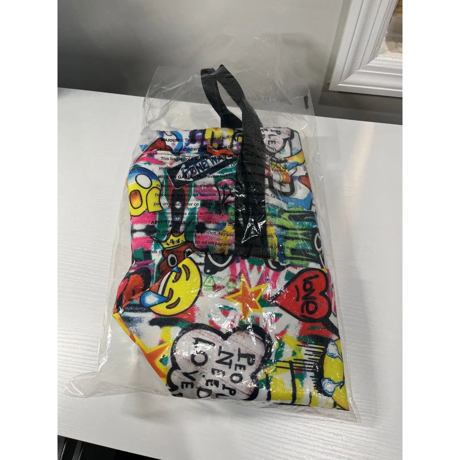 IScream Tote Bag Emoji Graffiti Print Zip Top Canvas Casual Everyday Carry All White - Image 10