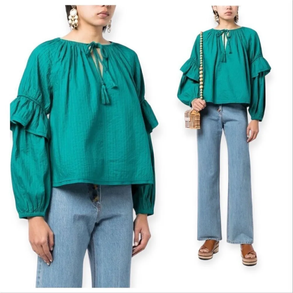 ULLA JOHNSON Concetta Blouse Verdigris Green Peasant Blouse Puff Sleeve Size 10 - Image 2
