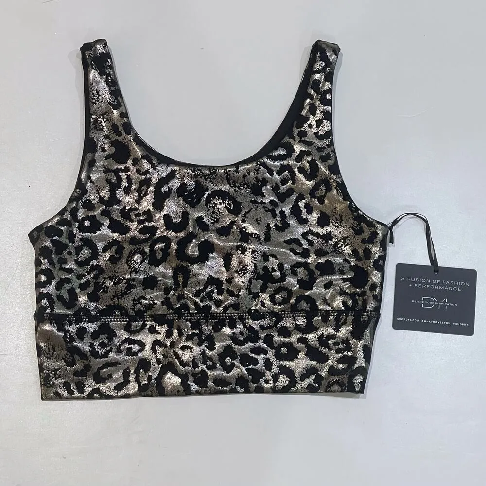 NEW DYI S Sports Bra Elevate Leopard Crop Top Metallic Foil Workout Silver Black - Image 2
