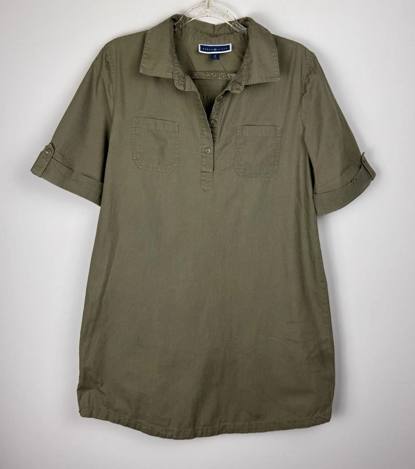 Karen Scott Dress Womens Sz M Green Cotton 1/4 Button Utility Shirt Short Sleeve - Image 12