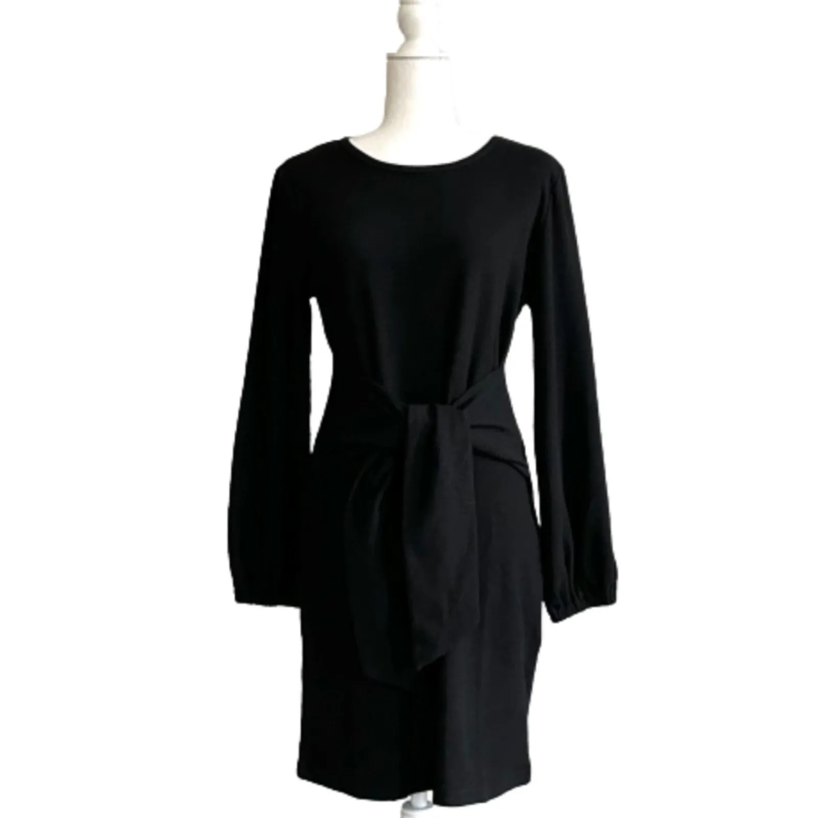 Fashion Dress Black Long Lantern Sleeve Crewneck Tie Waist Mini Dress Medium NEW - Image 2