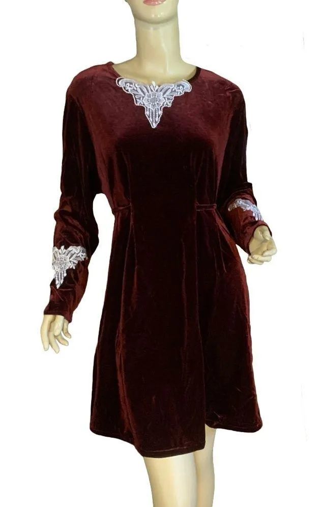 VINTAGE 1990'S JAMIE BROOKE WOMAN BURGUNDY VELOUR W/LACE ACCENTS MINI DRESS (18) Red - Image 1