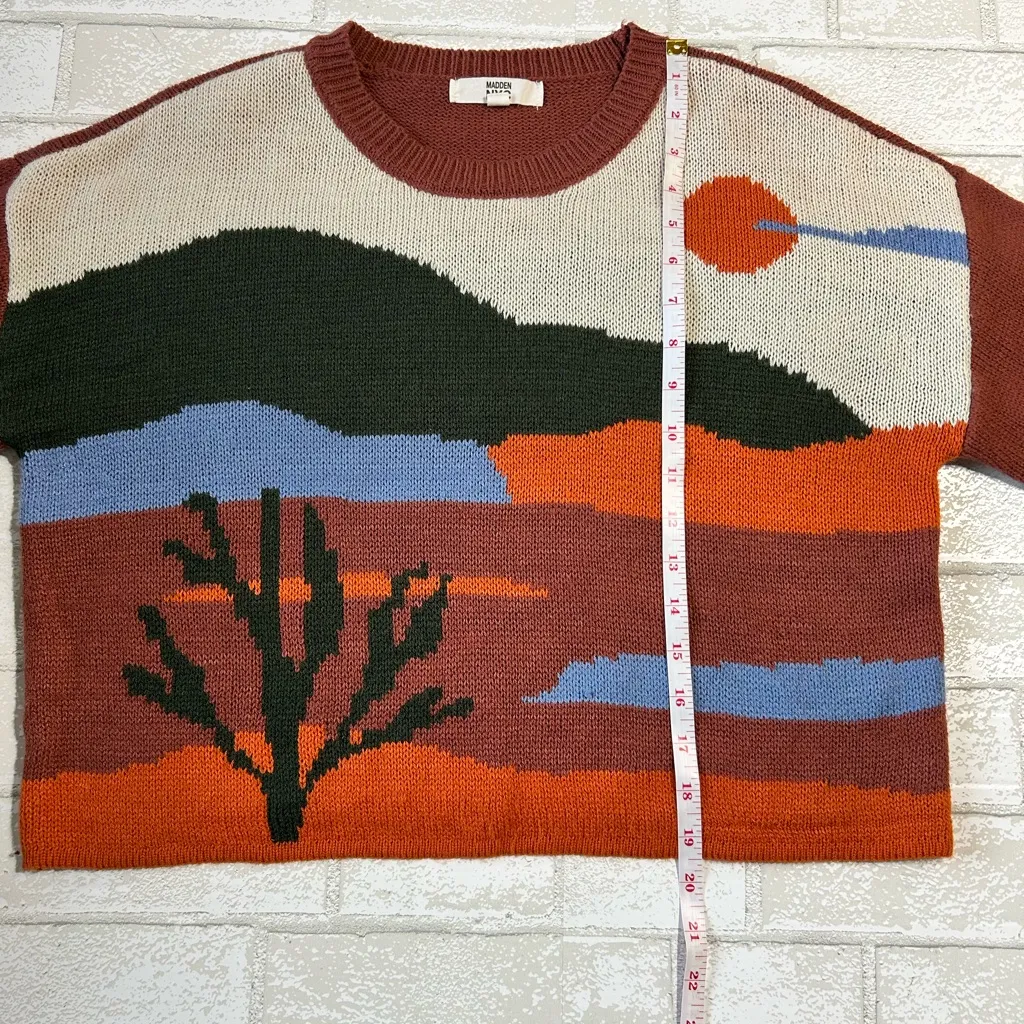 Colorful Landscape Cropped Knit Sweater Orange Size L - Image 5