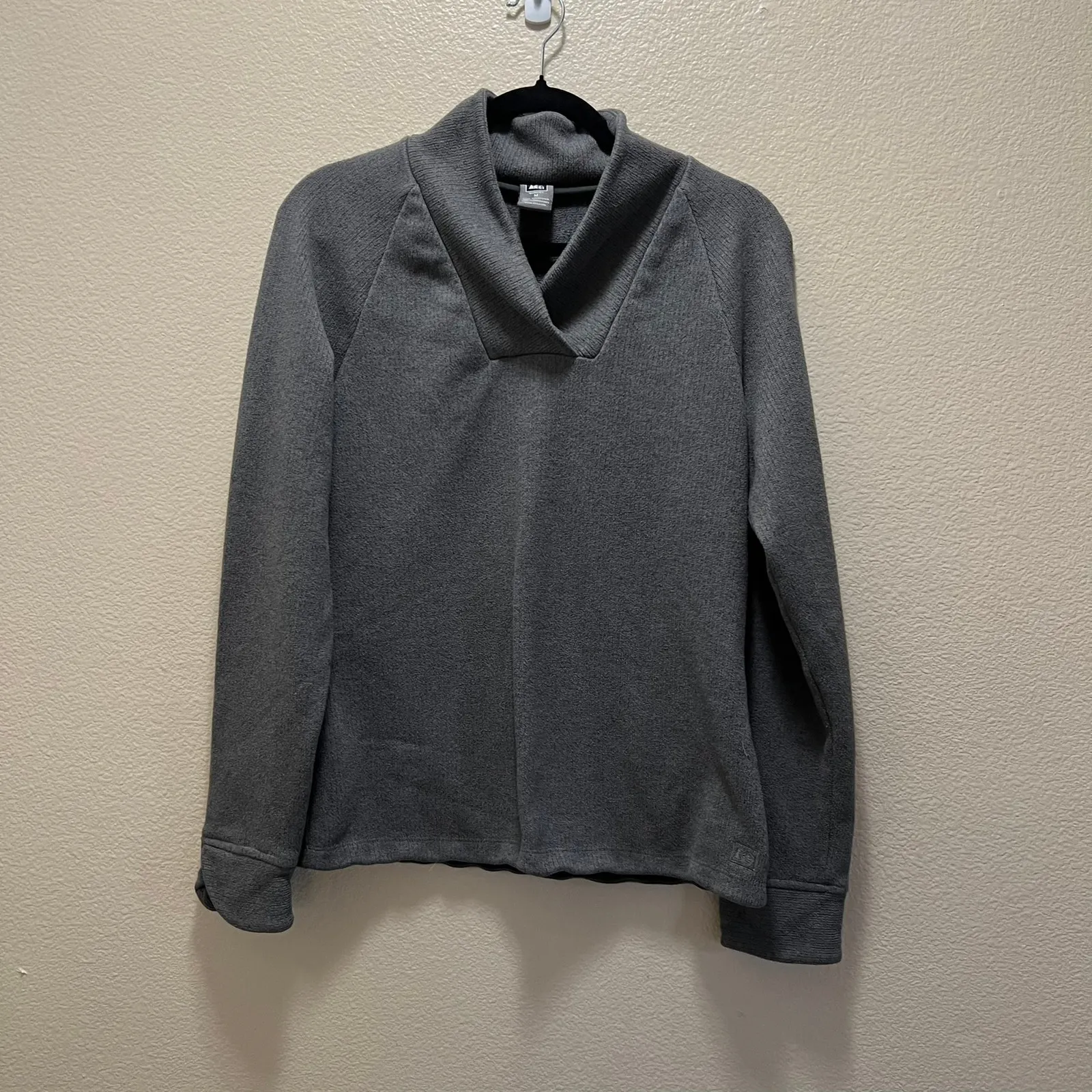 REI Sweater Heather Gray Shawl Collar Long Sleeve Pullover Fleece Sz M - Image 2