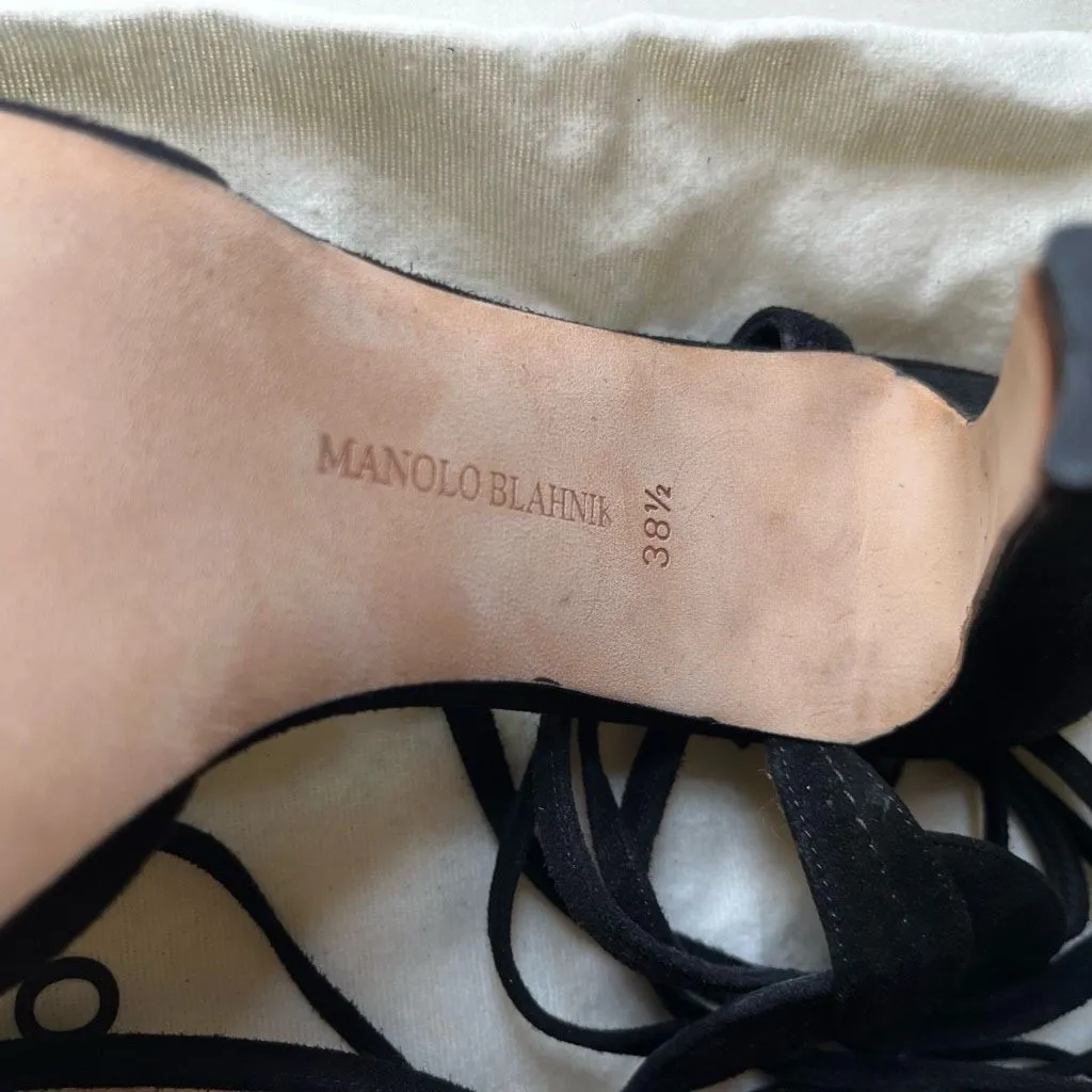 Manolo Blahnik Cherry Lace-Up Sandals 38.5 Black‎ Suede Ivy Shoe 2003 Remake - Image 15