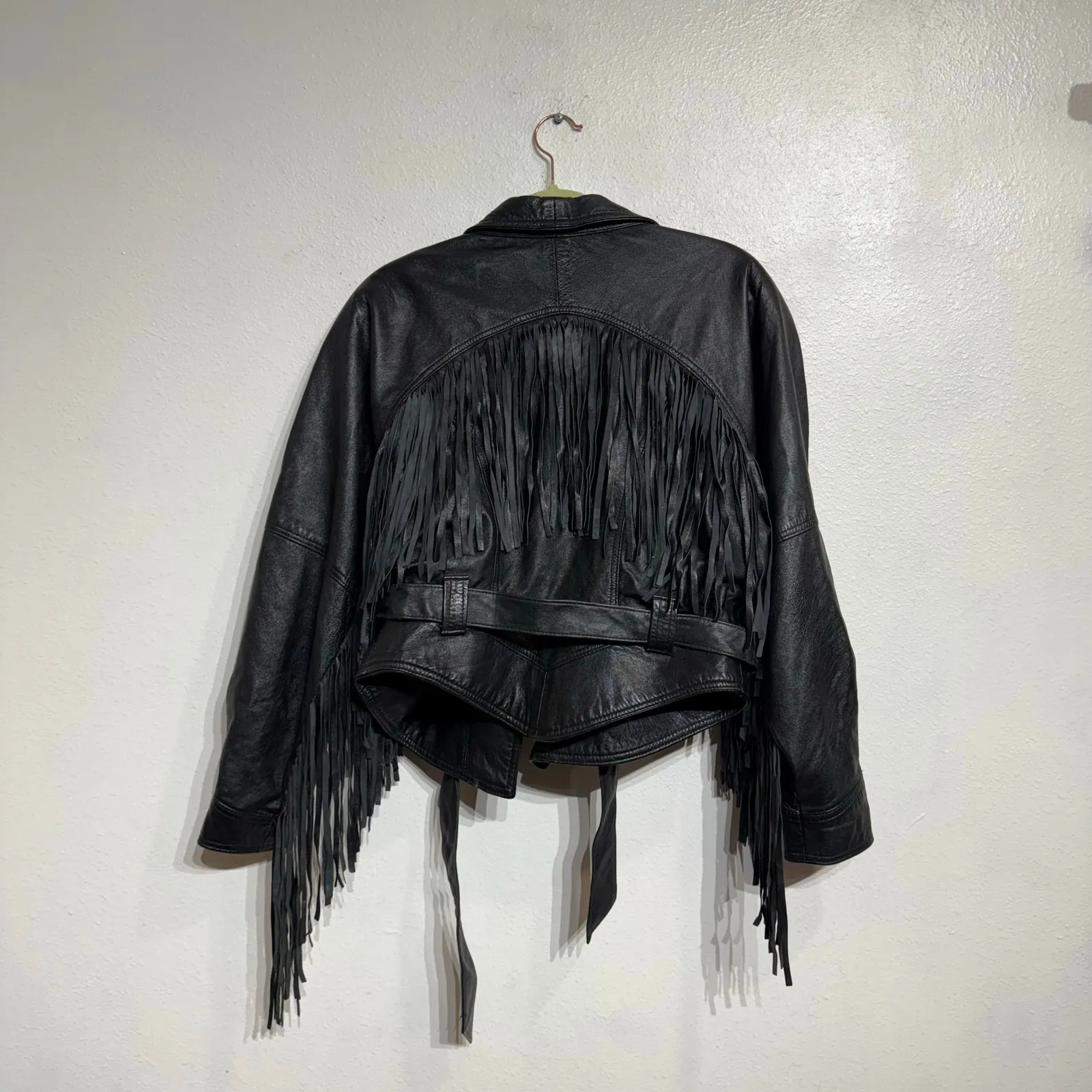 Belle Starr's Bootique Black Leather Cropped Vintage Fringe Moto Jacket Sz L Size L - Image 8