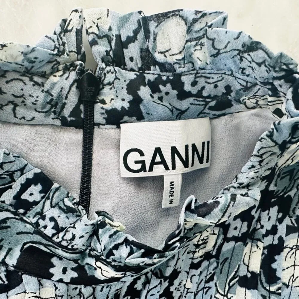 GANNI Elm Georgette Mini Dress Blue Floral Size 40 Long Sleeve Modest Viscose - Image 9