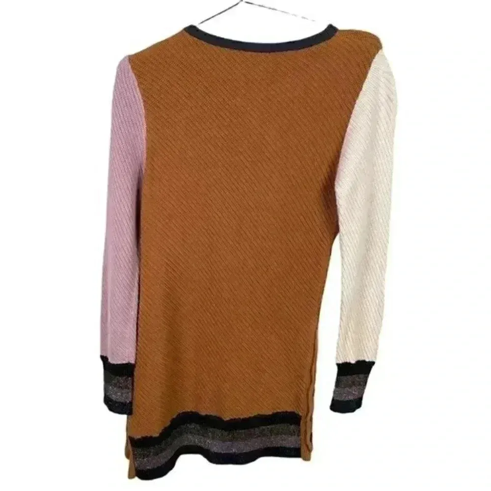 Apiece Apart Colorblock Knit Sweater in Camel, Cream and Lilac - Image 3