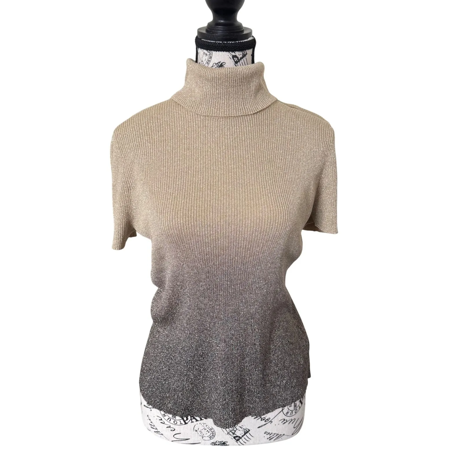 Nygard Women's Sz L Brown Shimmery Turtleneck Short Sleeve Knit Sweater Top Size L - Image 2