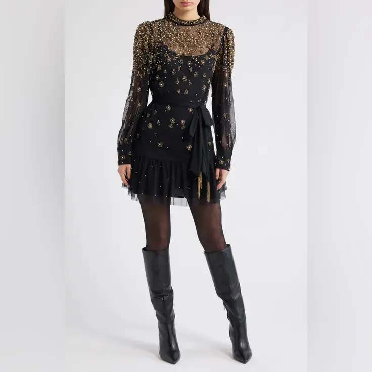 FARM RIO Black Embroidered Tulle Overlay Belted Long Sleeve Mini Dress,Small,398 - Image 8