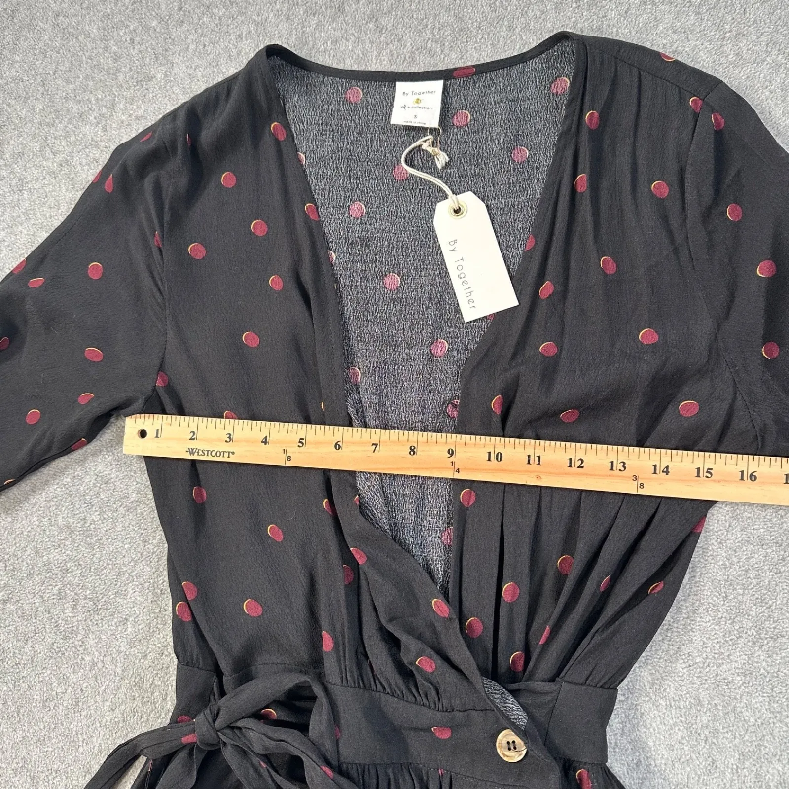 By Together Wrap Dress Women's Small Short Sleeve Bow Spotted Black V-Neck New - Image 8