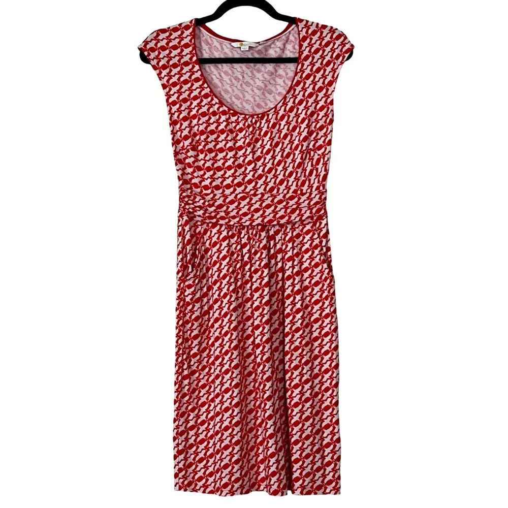 BODEN Margot Stretch Jersey Bird Print Scoop Neck Mini Dress Orange Sz 2 Red - Image 2