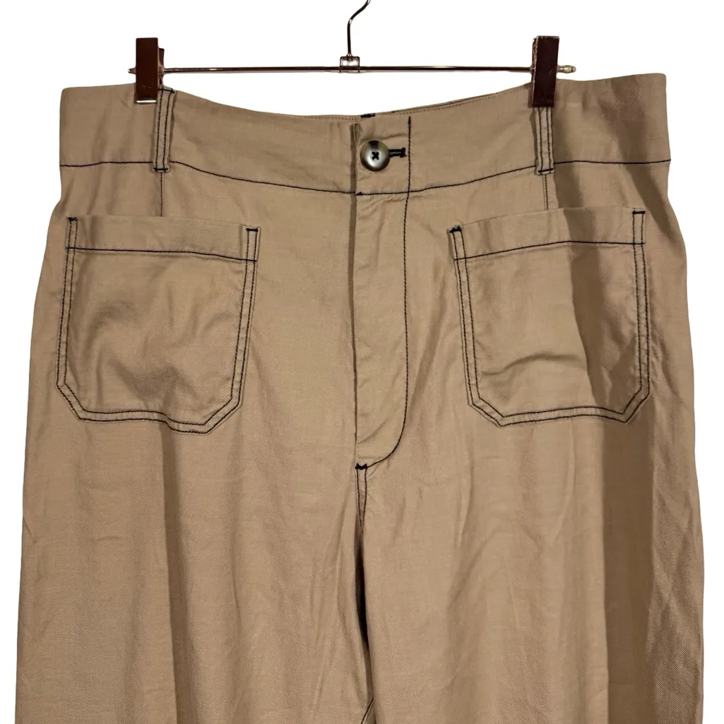 Anthropologie Maeve Colette Contrast-Stitch Linen Crop Wide-Leg Pants in Khaki - Image 7