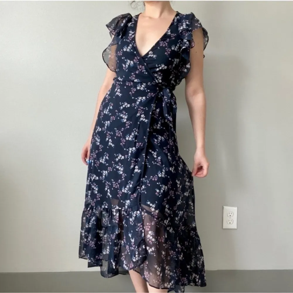 DREW for Anthropologie Floral Print Wrap Maxi Dress Boho Style Navy Size Small - Image 2