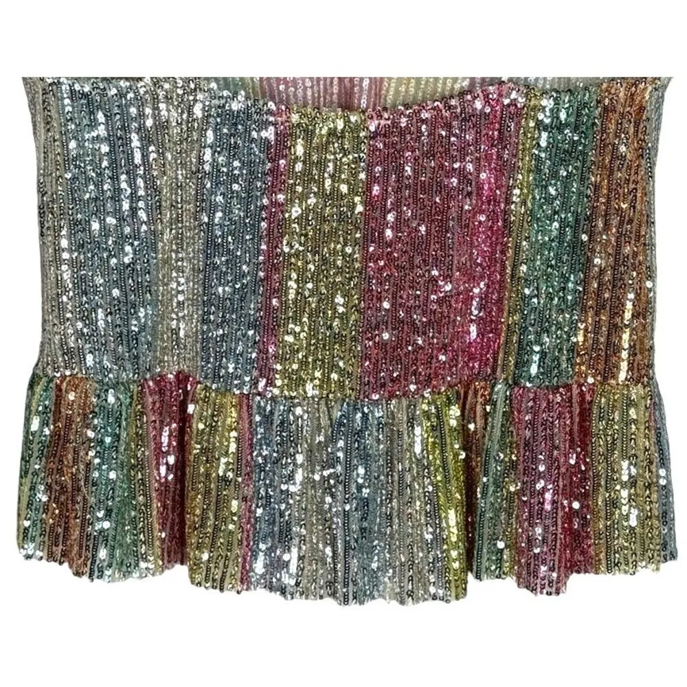 Zara Mermaid Striped Multicolor Sequin Peplum Ruffle Detail V Neck Shiny Top S - Image 8