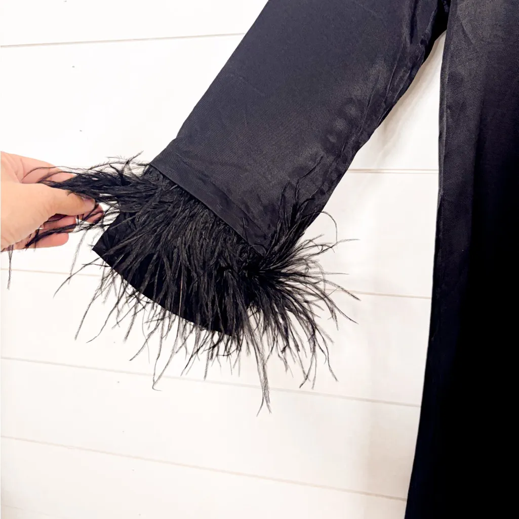 NEW Sleeper Black Satin Ostrich Feather Cuff Trim Dress, Size XS, MSRP $398 - Image 7