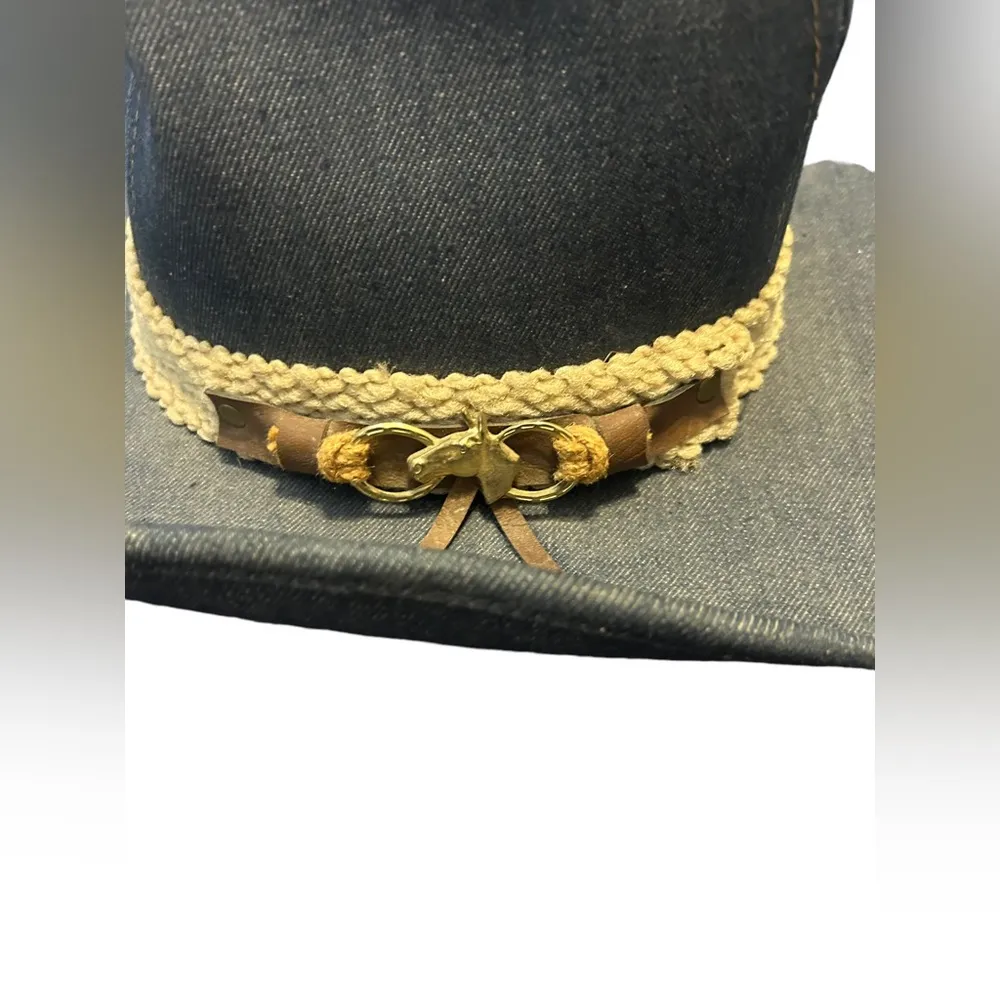 Vintage Denim Cowboy Hat Union Made Brass Horse Braid size small - Image 2