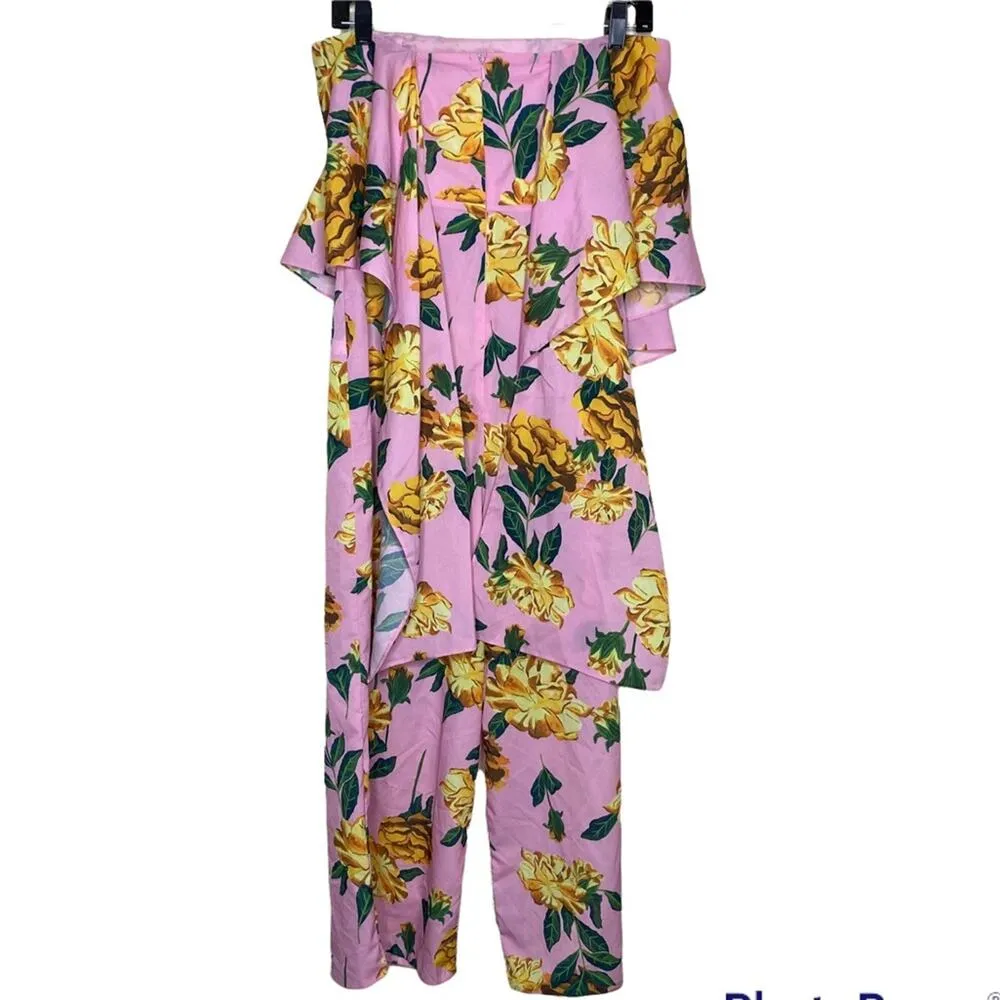 ASOS Bandeau Jumpsuit Pink Floral Drape Detail Wide Leg Crop Pant - Image 3