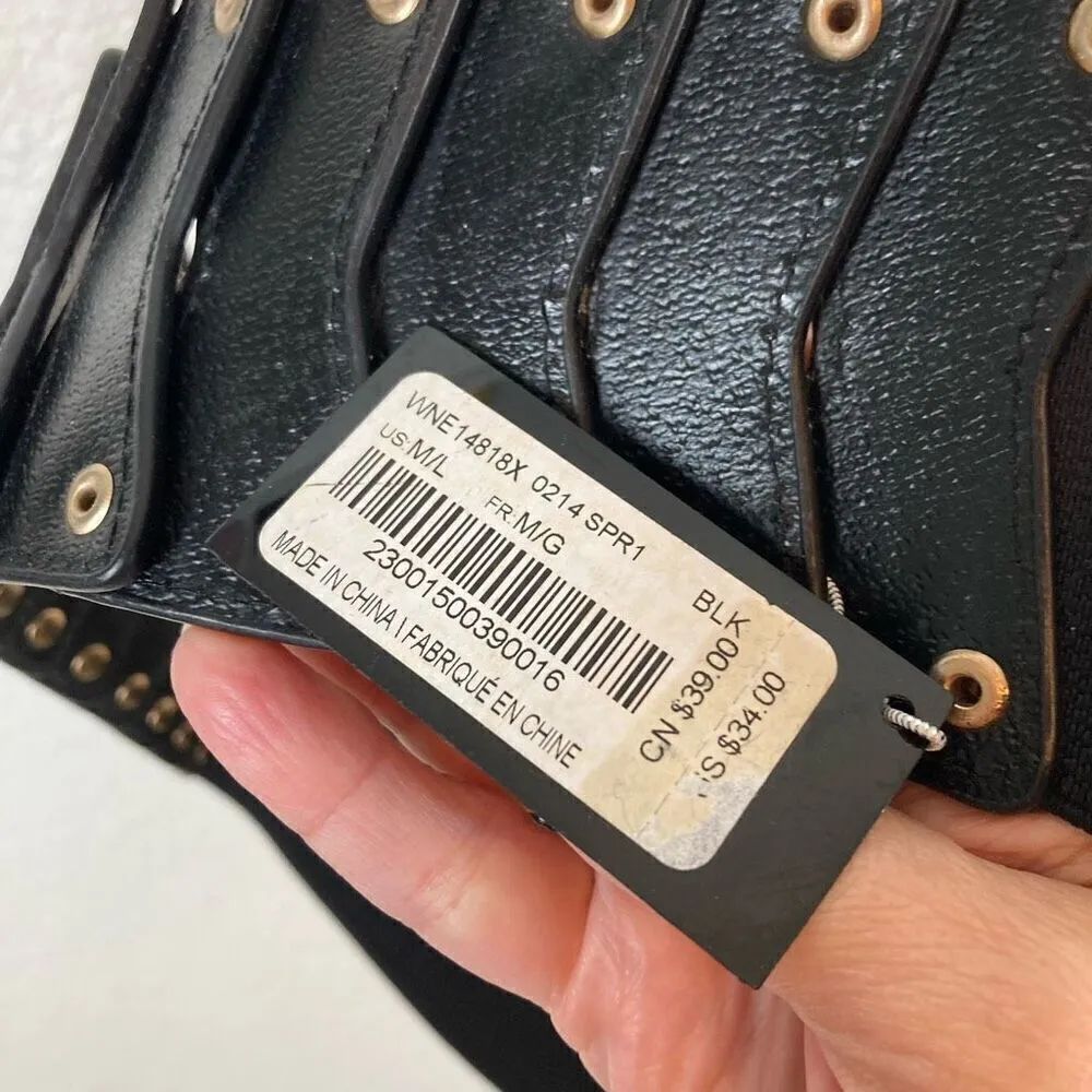 Bebe black faux vegan leather studded stretch snap closure belt M/L NEW - Image 7