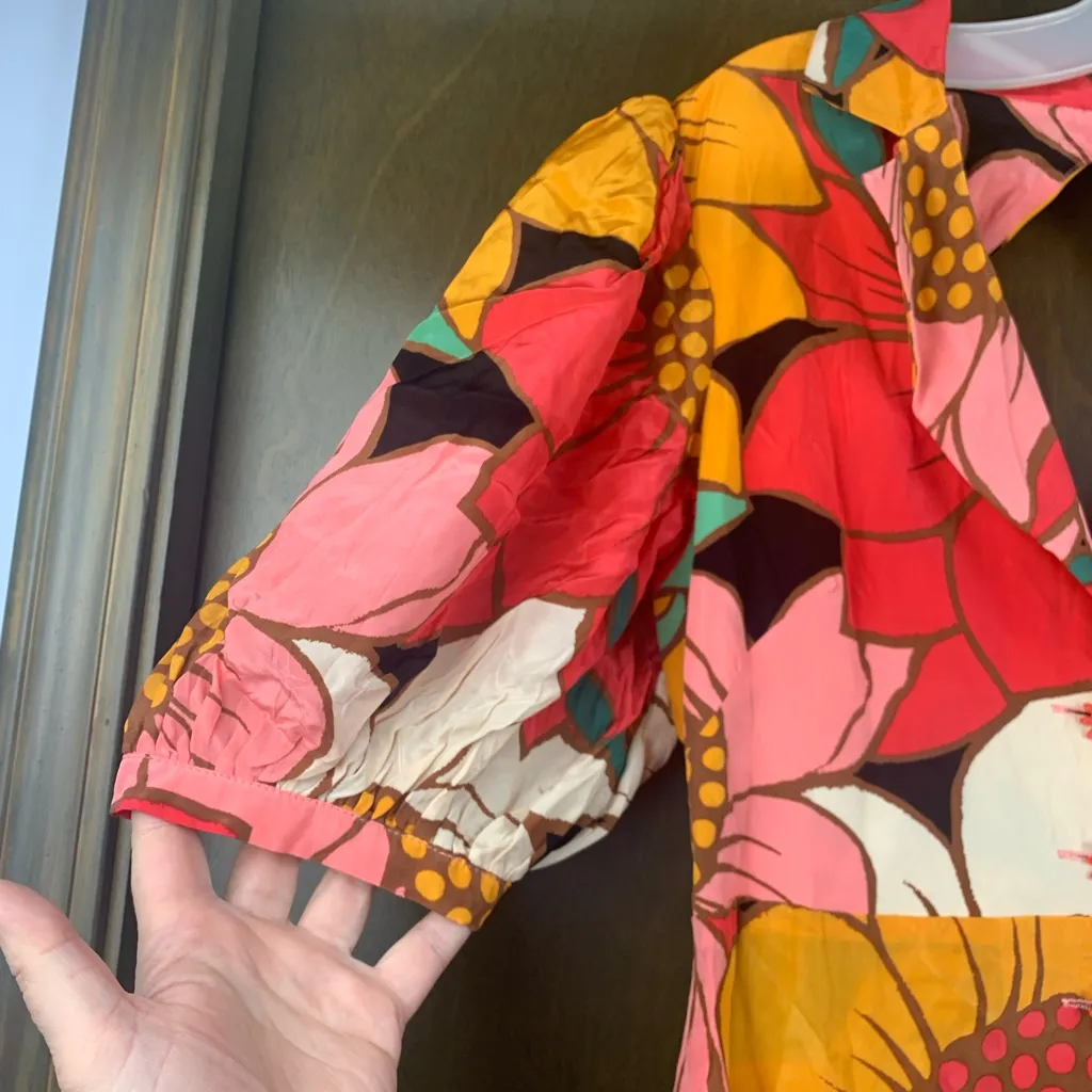 Farm Rio size small pink orange floral midi dress tropical cottage sunflower - Image 6