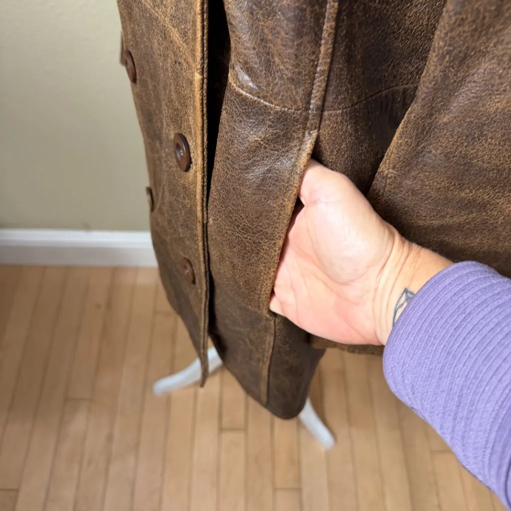 Vintage SUNDANCE Leather Trench Coat Jacket Lined Double Breasted Size Medium - Image 10