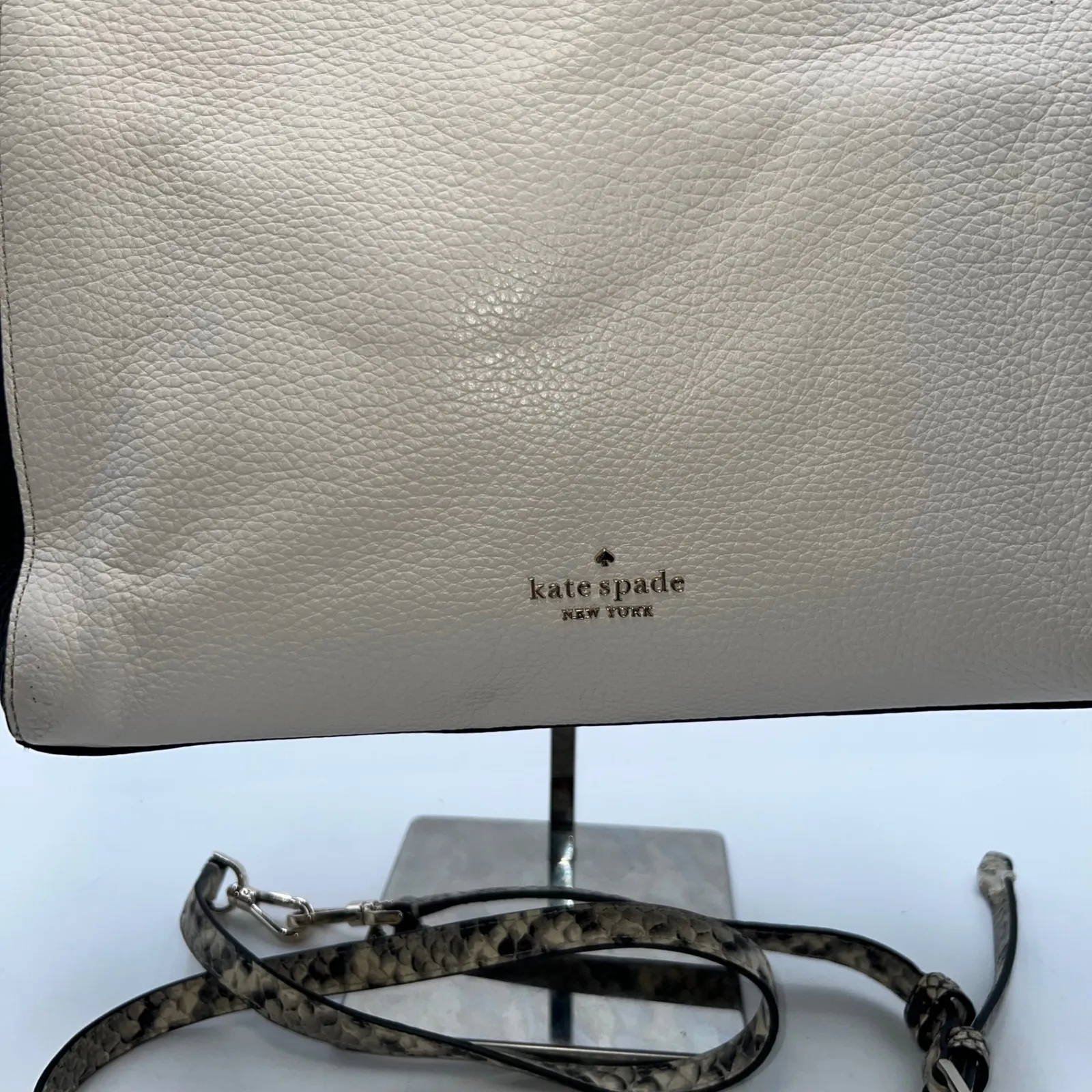 Kate Spade Satchel Crossbody Bag Snakeskin Handles Black Beige Leather Purse - Image 2