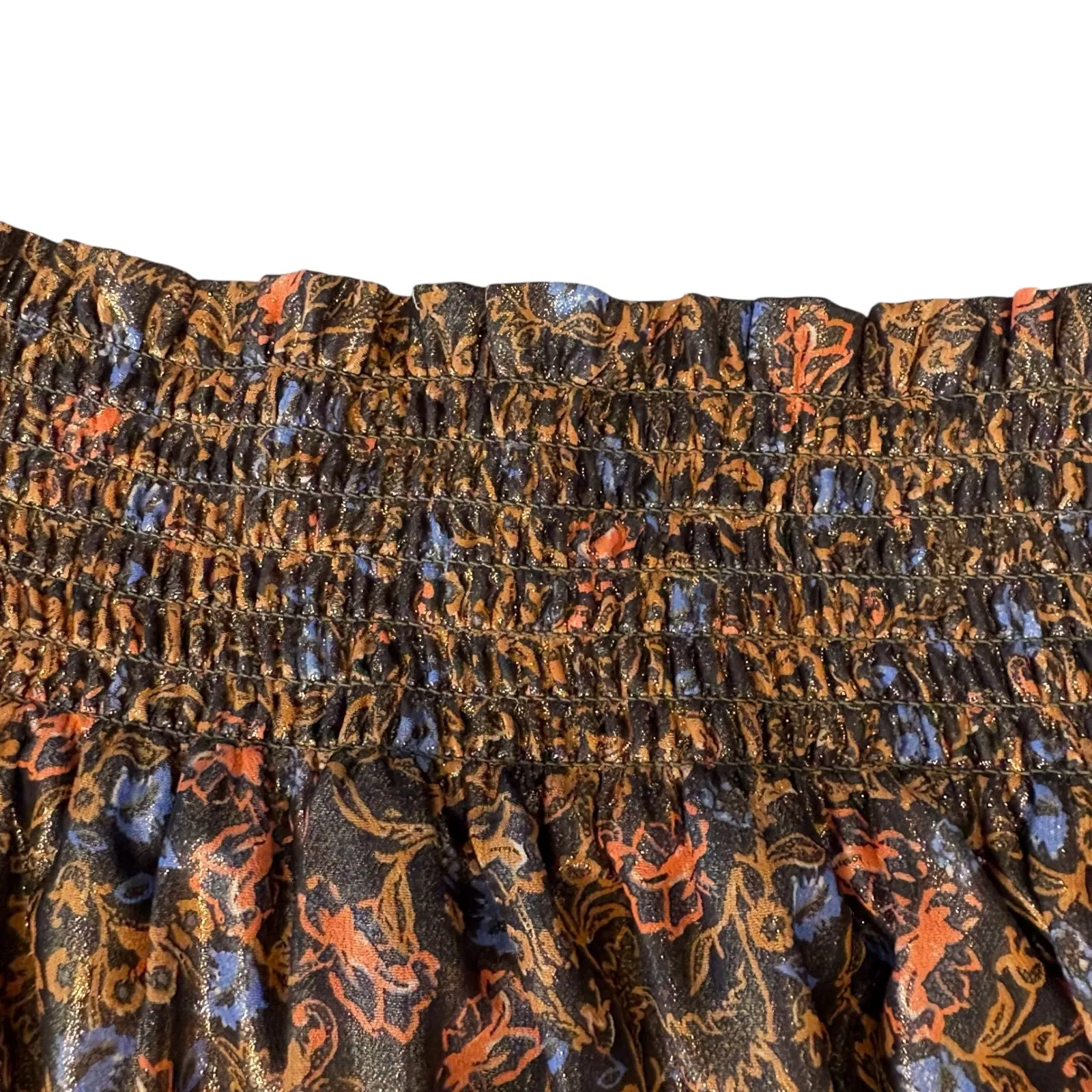 Free People Bubble In‎ Mini Skirt. Tiered metallic Smocked Waist Floral Bronze L - Image 3