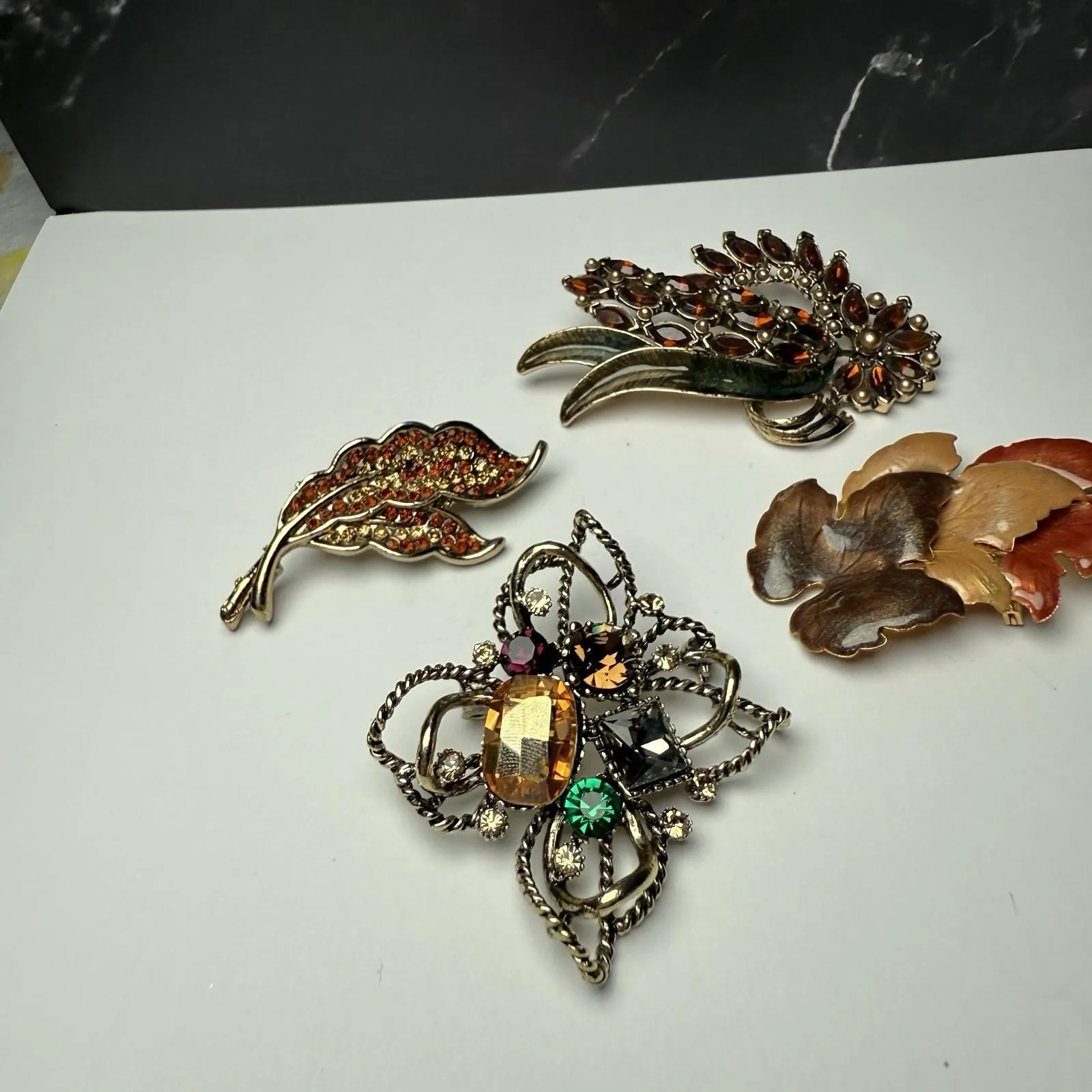 Autumn Leaves Fall Brooch Pins Lot Of 4 Gold Tone Some Enamel Some Rhinestone - Image 13