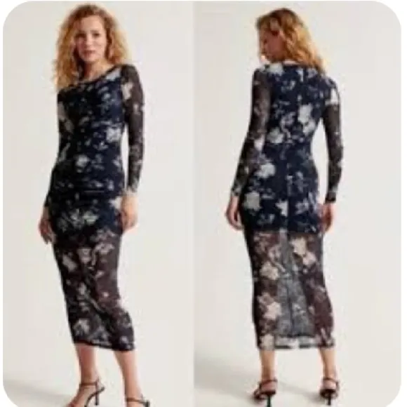 NWOT  Abercrombie & Fitch Long-Sleeve Mesh Midi Dress Navy Floral Medium - Image 3
