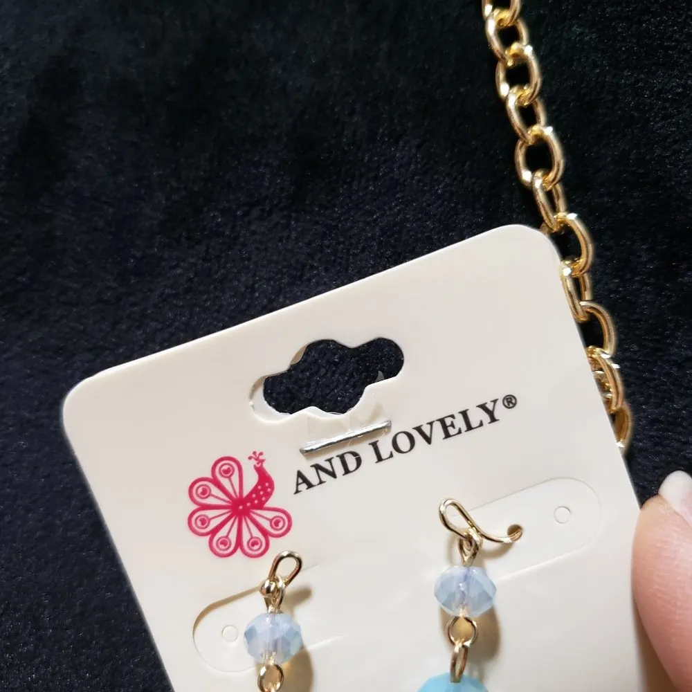 Womens Turquoise Beads Metallic Gold Cord Necklace with Earrings - Image 6