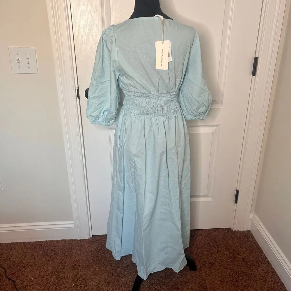 Commense Cotton Linen Twist‎ Tunic Midi Dress Light Blue Short Puffed Sleeve NWT Size M - Image 10