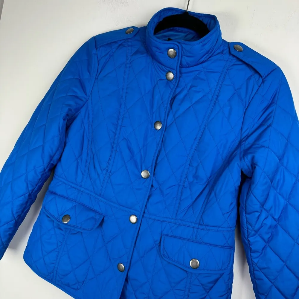 Talbots Diamond Quilted Jacket Sz Petite Cobalt Blue Button Snap Barn Chore - Image 5