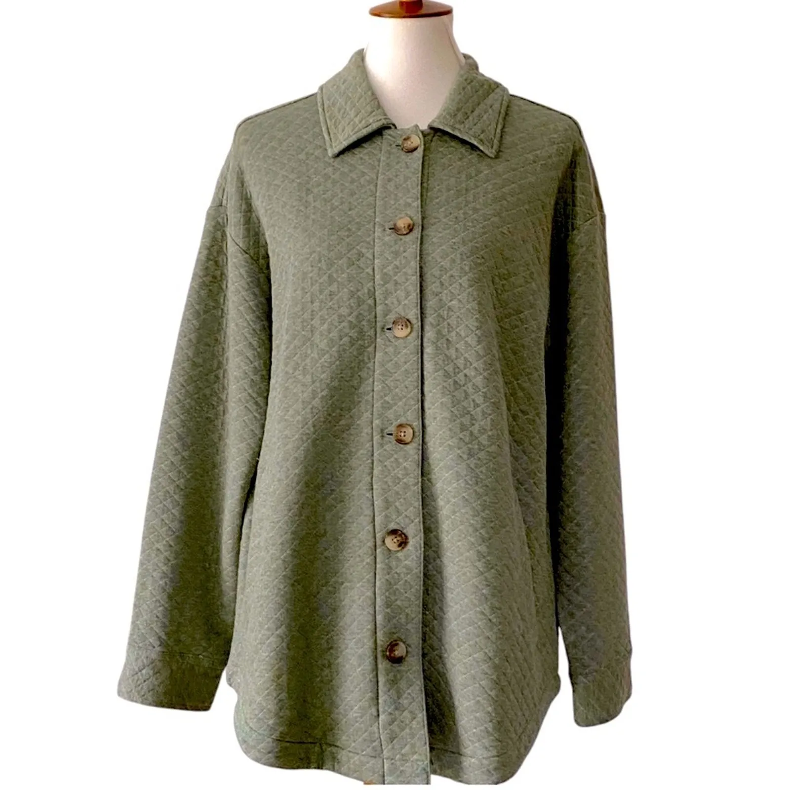 J. Jill Medium Quilted Jacket Shacket Sweater Cardigan Button Front Winter Green - Image 6