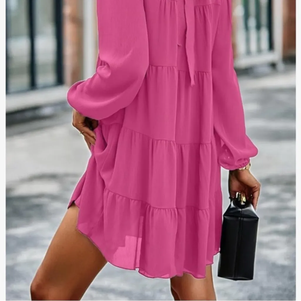 KIRUNDO Long Sleeve Ruffle Mock Neck Tiered Mini Babydoll Dress Pink Size L - Image 3