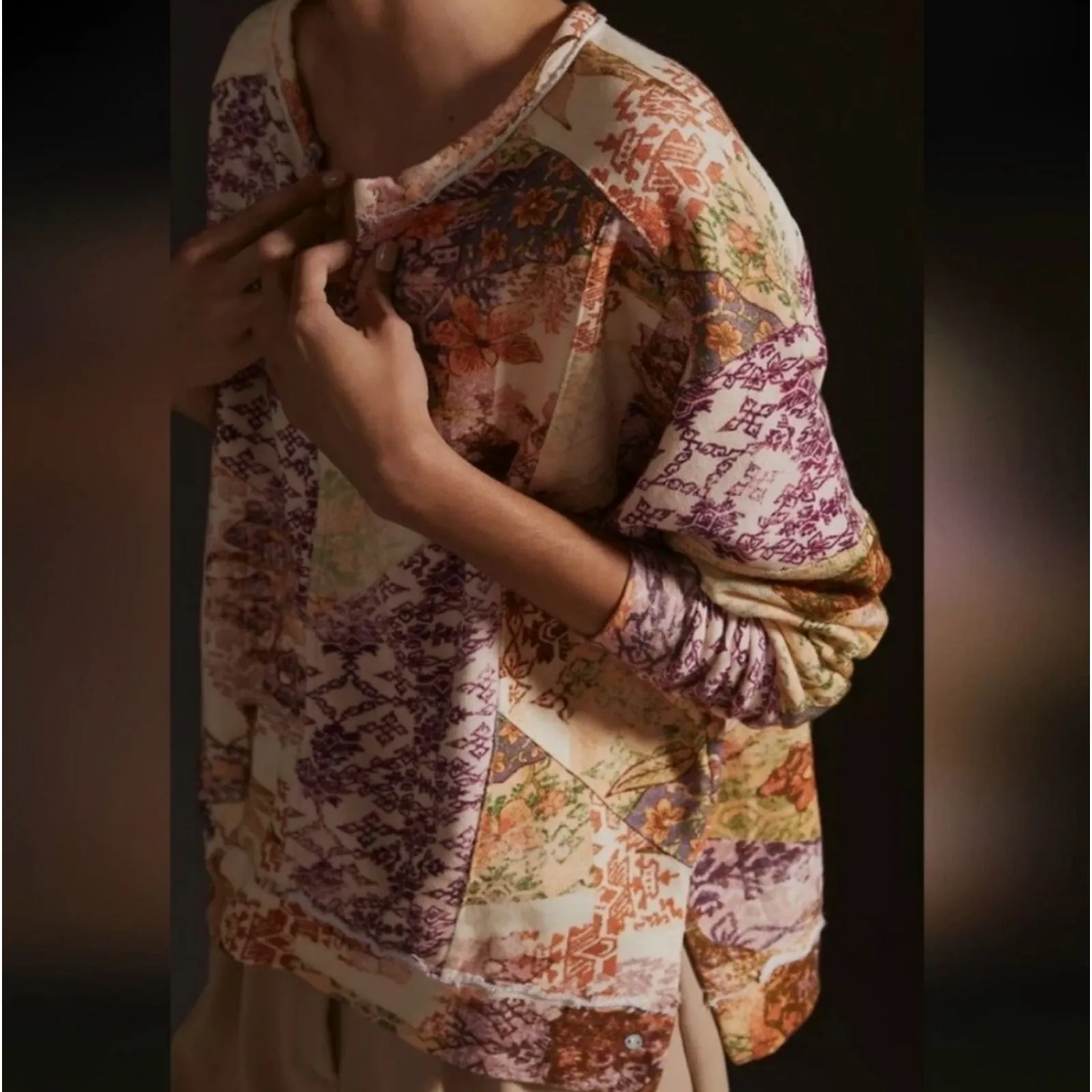 Anthropologie Pilcro Purple Floral Patchwork Notched V Neck Pullover Sweater M - Image 11